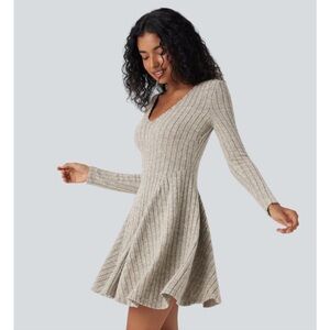 Halara Ribbed Knit V Neck Long Sleeve Flare Mini Casual Dress
